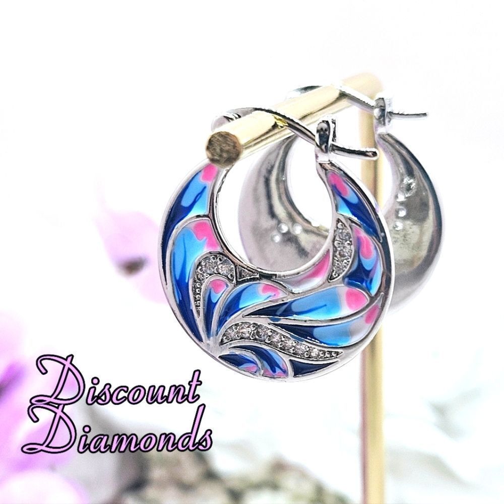 Hand Made Blue & Pink Enamel White Baguette Diamond Hoop Earrings 925 Silver